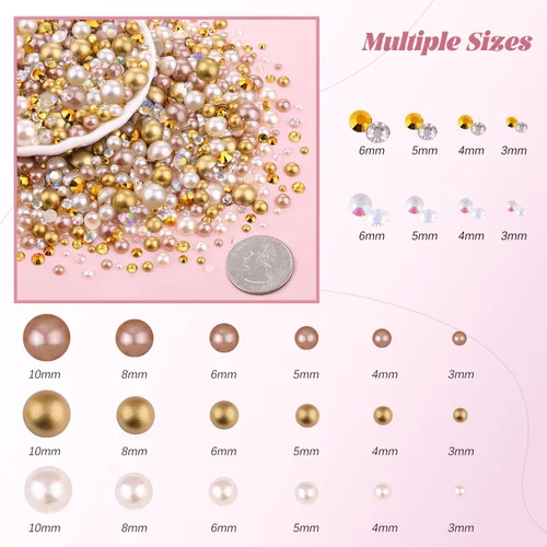 Miniatura 3 de 80g de perlas planas y diamantes de imitación para hacer brillar, color beige, oro, marrón, tamaño mixto de 3-10mm, diamantes de imitación de resina