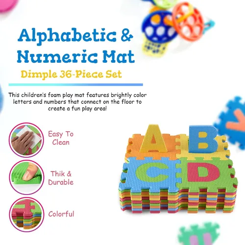 Miniatura 6 de DIMPLE Tapete de juego de espuma para niños (72 piezas en total) 6.25 x 6.25 pulgadas entrelazados del alfabeto y los números, rompecabezas de suelo