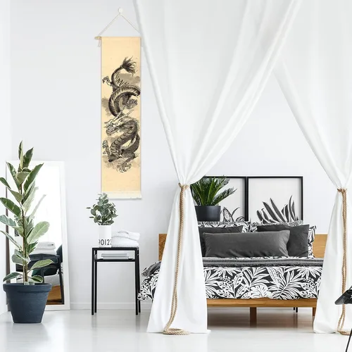 Miniatura 7 de Póster colgante de lienzo para pared, pintura de dragón chino, tinta y acuarela, tapiz de pared con efecto mitológico con 2 borlas y barra colgante