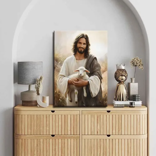 Miniatura 8 de Arte de pared en lienzo de Jesús y Cordero Jesús salva al cordero perdido Decoración de pared Imágenes Pintura de Cordero de Dios Pósters