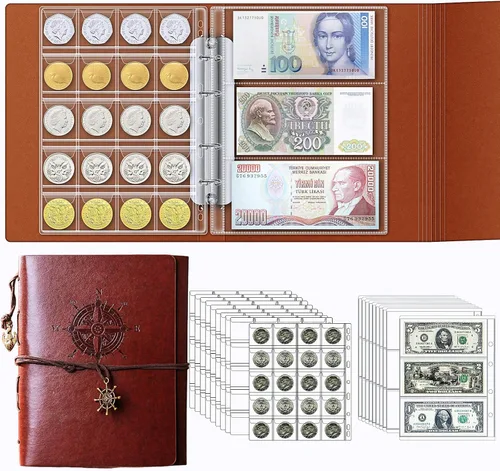 Miniatura 8 de Ettonsun 10 hojas de bolsillo para monedas, tamaño estándar, 9 agujeros, 120 bolsillos para la mayoría de tamaños Página de billetes de banco de 3