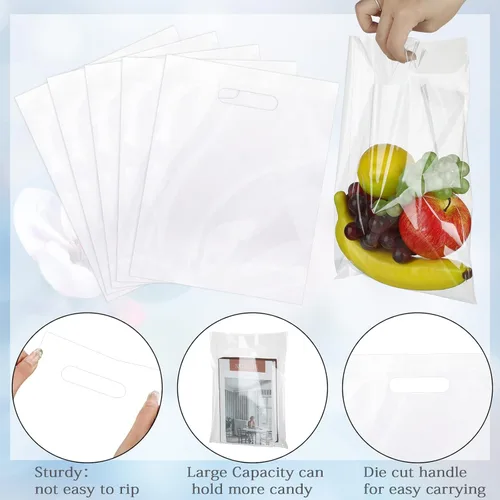 Miniatura 4 de Sinmoe Paquete de 200 bolsas de plástico con asas, mercancía de plástico a granel con mango troquelado, bolsas de regalo de LDPE para pequeñas