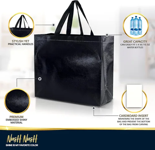 Miniatura 4 de Nush Nush Juego de 12 bolsas de regalo negras grandes – Bolsas de regalo reutilizables negras brillantes con asas – Bolsa grande de regalos