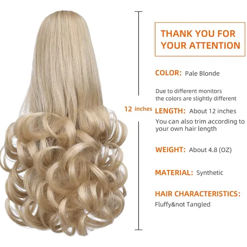 Miniatura 7 de Extensiones de cola de caballo rubias con clip de garra falsa, extensión de cabello sintético de 12 pulgadas, ondulado, 3.8 onzas, extensiones