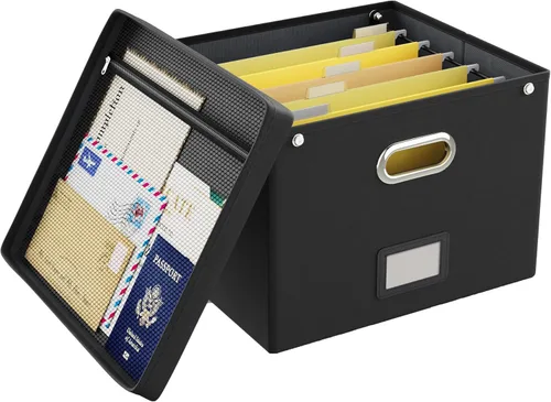 Miniatura 29 de Oterri Caja de archivos colgante con bolsillo de malla, caja organizadora de archivos con tapa, caja organizadora de documentos plegable