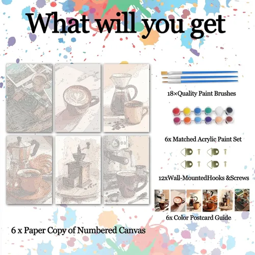 Miniatura 2 de Tucocoo Paquete de 6 pinturas por números para adultos, pintura de café por números para adultos principiantes, desayuno acogedor, kit de pintura