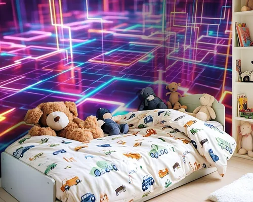Miniatura 2 de Murales de pared de lienzo geométricos autoadhesivos de los años 80 de neón retro Synthwave 3D, líneas brillantes, papel tapiz de pared