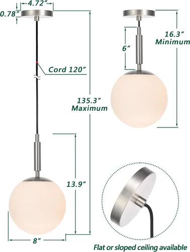 Miniatura 3 de Iluminación colgante 1 luz colgante de globo de luz, moderna lámpara de techo ajustable para cocina, níquel cepillado, pantalla de globo de 8