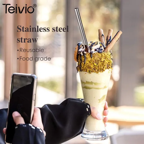 Miniatura 6 de Teivio 8 popotes de acero inoxidable de 5/16 pulgadas de ancho para vaso de 40 onzas con asa, popotes de metal reutilizables de 12 pulgadas