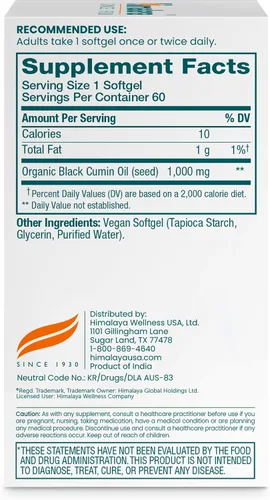 Miniatura 2 de Himalaya Cápsulas Blandas de Aceite de Semilla Negra, Aceite de Semilla Negra Prensado en Frío y Sin Refinar para el Bienestar, Sin OGM, Vegano, Sin