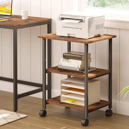 Miniatura 2 de HOOBRO Soporte para impresora, carrito industrial de 3 niveles para impresora debajo del escritorio con estante, estante de almacenamiento móvil