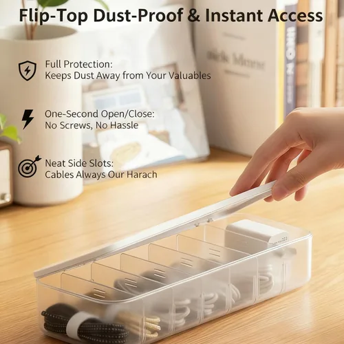 Miniatura 6 de Caja organizadora de cables con 7 bridas para cables, paquete de 2 cajas de almacenamiento de gestión de cables de escritorio con tapa, 7