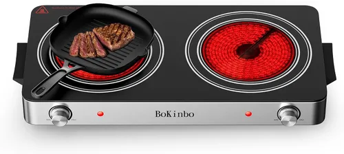 Placa de cocina eléctrica, quemador infrarrojo dual de 2200 vatios, placa eléctrica de 2 quemadores para cocinar, encimera de control de perilla y
