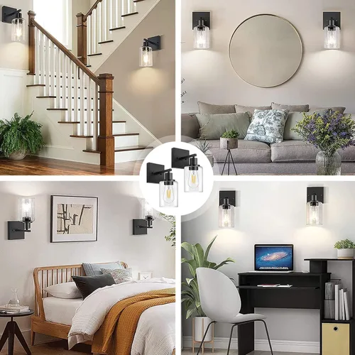 Miniatura 8 de Juego de 2 apliques de pared, juego de luces de baño negro mate, juego de luces de pared de granja, luces de tocador con pantalla de vidrio