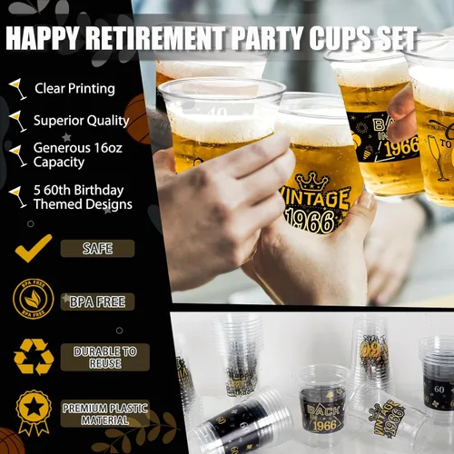 Miniatura 6 de 50 vasos de plástico para fiesta de cumpleaños número 60 a granel, 16 onzas, vasos desechables de plástico negro dorado para celebrar cumpleaños