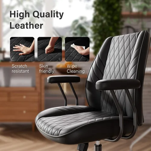Miniatura 6 de Silla de escritorio de oficina de cuero negro con ruedas de goma silenciosas, altura ajustable, brazos acolchados, silla de oficina vintage