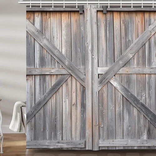 Miniatura 26 de Cortina de ducha de puerta de granero de madera rústica, 60 x 70 pulgadas, beige