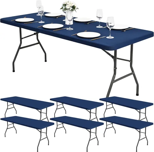 Miniatura 11 de Paquete de 6 fundas de tela elástica para mesa, color beige, para mesas de 8 pies, protector de mantel rectangular universal lavable y elástico