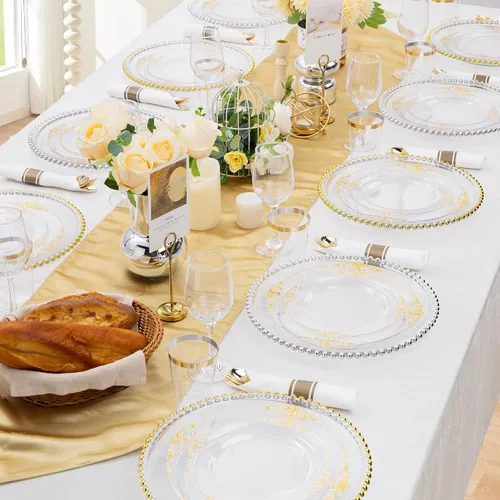 Miniatura 9 de Hioasis 350 platos de plástico transparente y dorado, elegante juego de vajilla desechable adecuado para 50 invitados, incluye platos de cena