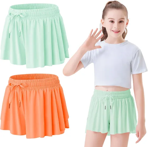 QooNoo Girls Butterfly Shorts with Pocket Flowy Athletic Shorts High Waist Preppy Running Shorts for Kids Teen