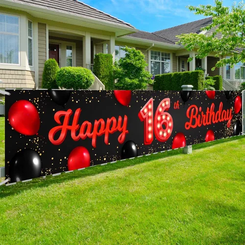 Miniatura 41 de Cartel de feliz cumpleaños número 10 color rojo y negro, globos para decoración temática para patio, jardín, niñas, mujeres, princesas, decoraciones
