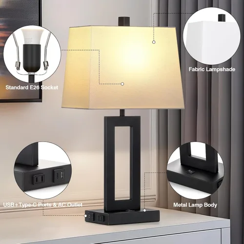 Miniatura 2 de Cinkeda Juego de 2 lámparas de mesa con puertos USB C+A y salida de CA, lámparas de noche, lámparas modernas para dormitorio, lámparas negras