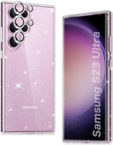 KIOMY Funda transparente con purpurina para Samsung Galaxy S23 Ultra 5G con protector de lente de cámara con brillo de diamante, diseño híbrido,