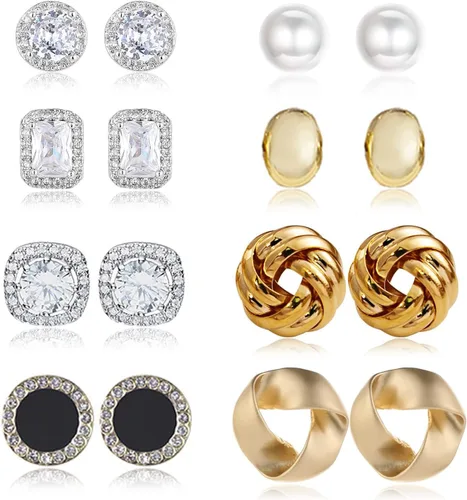 YANJINMY Juego de 8 pares de aretes tipo dormilona para mujer, circonita cúbica, halo, nudo dorado, aretes tipo dormilona con perlas de imitación,