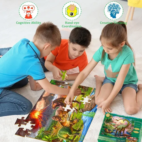 Miniatura 5 de Rompecabezas para niños de 4 a 6 años – 2 x 60 piezas rompecabezas para niños de 3 a 5 6 a 8 años – El mundo de enormes dinosaurios – Juguetes