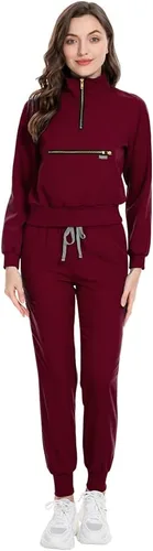 Niaahinn - Juego de ropa quirúrgica con manga larga para mujer, camiseta quirúrgica y pantalones jogger para mujer, uniformes médicos de trabajo con
