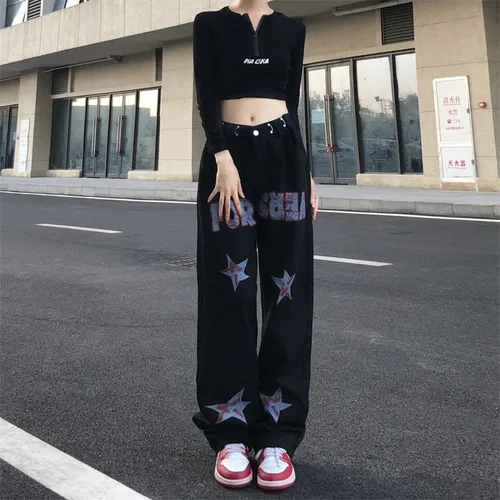 Miniatura 7 de CYee Jeans de cintura alta para mujer, pantalones altos con estampado de estrellas, pantalones Grunge, pantalones holgados y estéticos para la calle