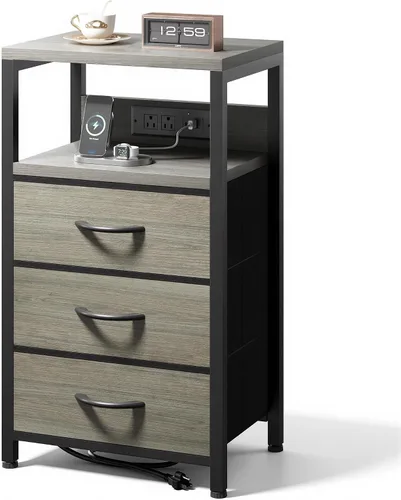 Miniatura 11 de Lazzanto Mesa de Noche Mesita de Carga para Dormitorio - Mesa de Noche con Estación de Carga, Mesita de Noche Moderna con Estante Abierto y 2