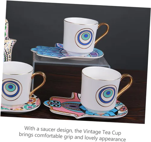 Miniatura 9 de Turkish Ceramic Coffee Cup and Saucer Set 120ml Retro Coffee Mug Household Tea Cup with Evil Eye Pattern for Afternoon Tea and Home Use