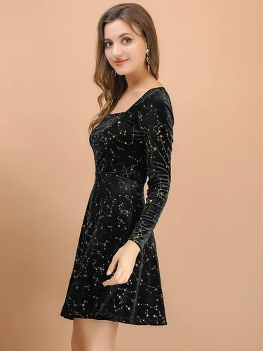 Miniatura 4 de Allegra K Mini vestido de terciopelo vintage con cuello cuadrado y estrellas de Navidad para mujer