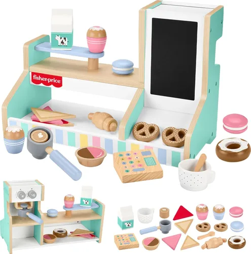 Fisher-Price Wood Pretend Play Coffee Shop & Toy Register, juego de comida de madera de 20 piezas para niños preescolares a partir de 3 años
