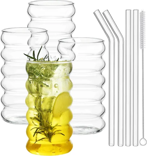 Miniatura 12 de ALINK Juego de 4 vasos de vidrio grandes de 16 oz con nervaduras, juego de vasos de vidrio vintage de cristal para café helado, vasos de vidrio