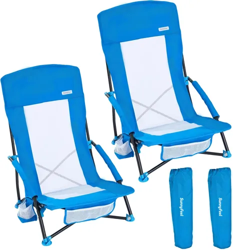 Miniatura 12 de SUNNYFEEL Silla de playa baja – Sillas de playa plegables con respaldo alto para adultos con portavasos y bolsillo lateral, mochila ligera silla