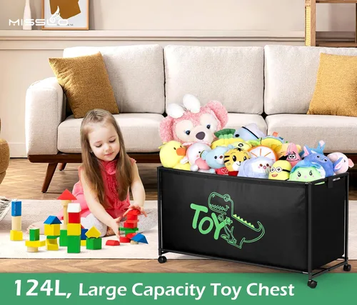 Miniatura 3 de MISSLO Caja grande de juguetes con ruedas, gran baúl de juguetes para niños, organizador de juguetes, 124L, color negro