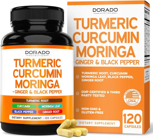 Suplemento de curcumina de cúrcuma con pimienta negra, jengibre, moringa (equivalente a 10:1 3000 mg por porción, fabricado con 95% de