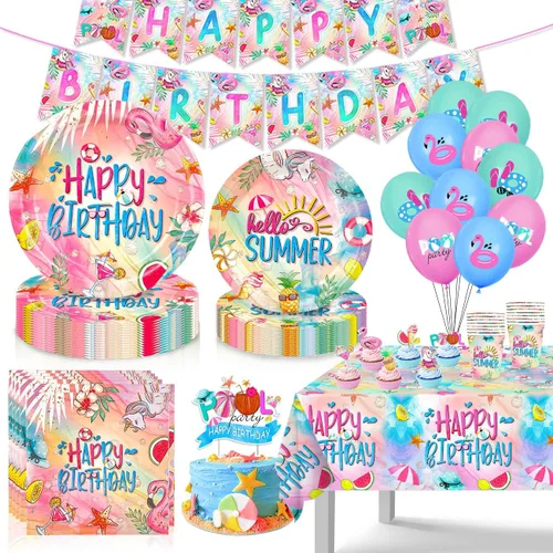 Decoraciones de fiesta de cumpleaños de piscina de verano, platos de cumpleaños temáticos de verano, servilleta, pancarta, tazas, globos y