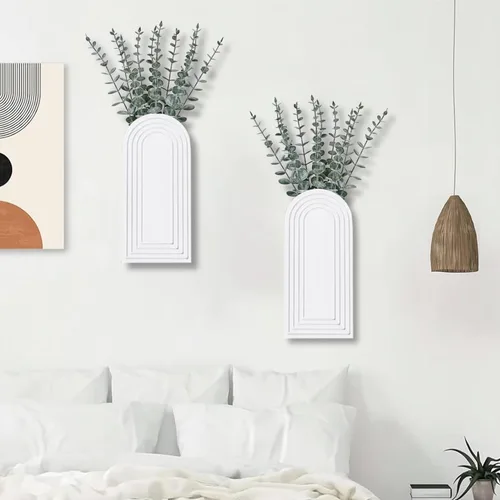 Miniatura 3 de Dnnnii Juego de 2 jarrones de pared de madera, acabado blanco, decoración de pared moderna de granja y bohemio para entrada, pasillo, baño, sala