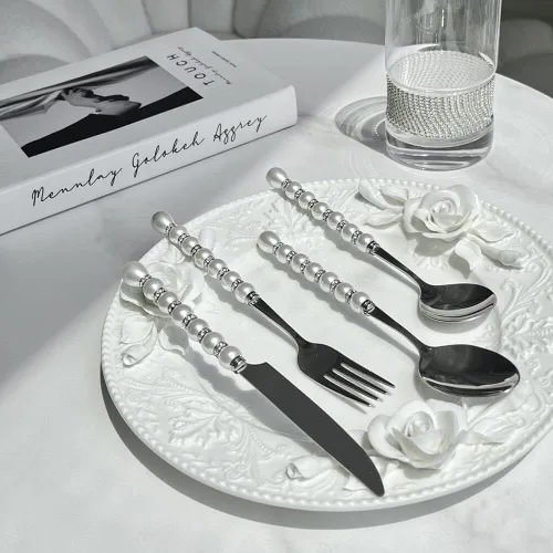 Miniatura 2 de Moderno juego de cubiertos para 16 elegantes cubiertos de acero inoxidable 18/10, mango de perla, 64 cuchillos, tenedores y cucharas, juego