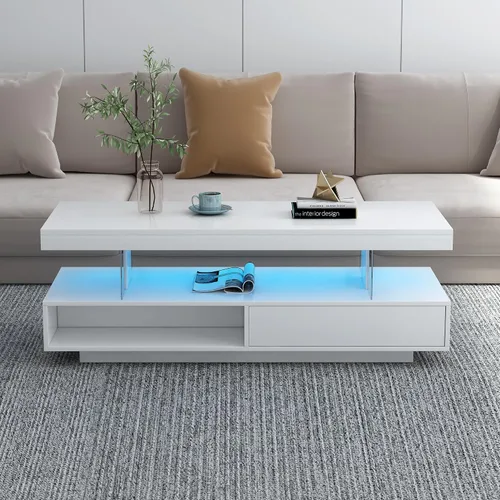 Miniatura 3 de Mesa auxiliar LED con almacenamiento, mesa central moderna con estante abierto y 2 cajones deslizantes dobles, muebles decorativos con luces LED