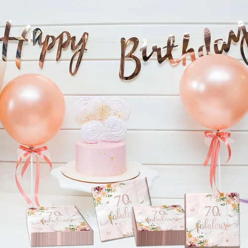 Miniatura 4 de Decoraciones de cumpleaños número 70 para mujer, 40 servilletas de papel falulous de color oro rosa, suministros de fiesta de cumpleaños