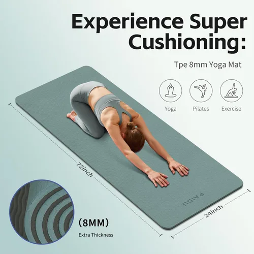 Miniatura 2 de PAIDU Yoga Mat 8mm Super Thick TPE Fitness Mat SGS Certified Non-Slip, Odorless & Tear-Resistant Unisex with Strap for Yoga, Pilates, Verde