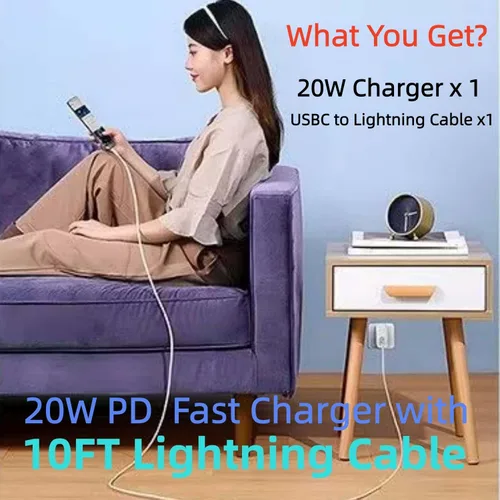 Miniatura 6 de Certificado MFi para cable USB-C a Lightning extralargo de 10 pies con cargador PD de 20 W, 1 paquete Cable de carga rápida de 27 W compatible