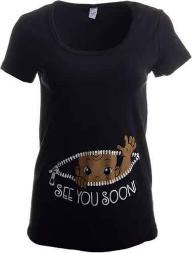 See You Soon! Lindo divertido embarazo embarazo afroamericano bebé cuello redondo camiseta negra para mujeres embarazadas