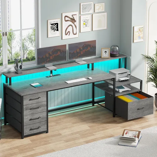 Miniatura 17 de SEDETA Escritorio para oficina en casa con cajón de archivos y toma de corriente, escritorio grande para computadora de 75' con 5 cajones, estantes