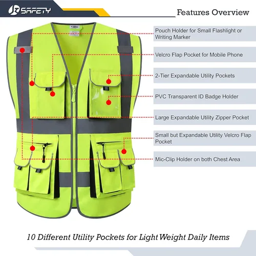 Miniatura 4 de JKSafety Chaleco de seguridad con 10 bolsillos, clase 2, de alta visibilidad, con cremallera frontal amarilla, con tiras reflectantes, cumple