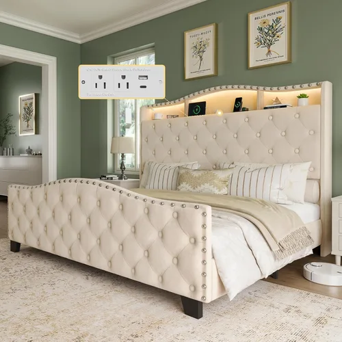 Belffin Marco de cama y cabecero tamaño Queen, marco de cama tapizado de terciopelo de 50.9 pulgadas con respaldo alado con luces LED y estación de